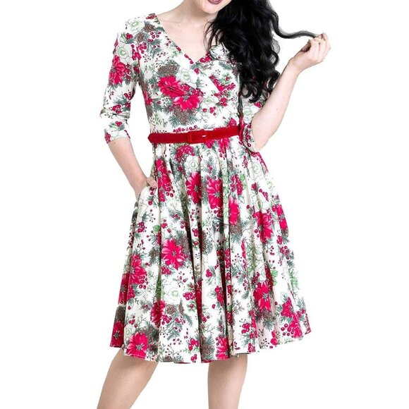 Hell Bunny Festive Poinsettias Midi 50’s Retro Rockabilly Pin-Up Dress Women's L - Picture 1 of 13